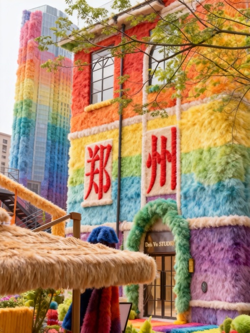 建筑整体呈现出全毛绒质感的风格，毛绒有层次感，毛绒颜色为彩虹色调。建筑保留原始形状，各个部分都如同被几种颜色柔软的毛绒材质精心包裹，地面、绿植和高楼都被毛绒材质覆盖预览效果
