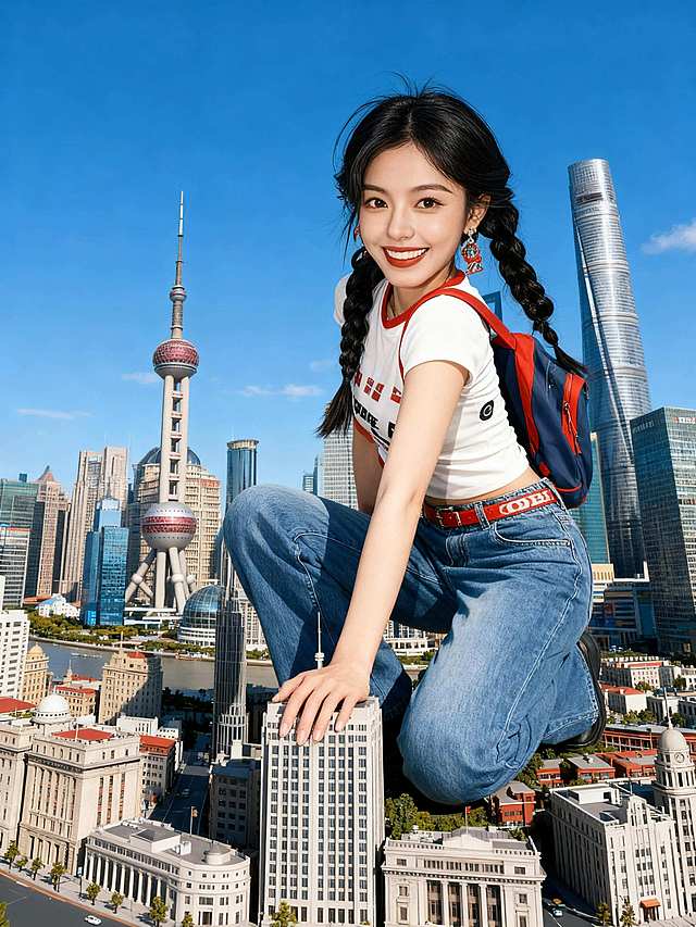 以单膝蹲下的姿势，手放在一座大厦上，以上海陆家嘴建筑群（东方明珠、上海环球金融中心等摩天大楼）为背景，晴朗蓝天。