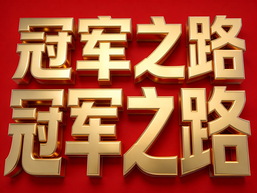 干净的纯红色背景。3D艺术字体设计，四个字主体文字“冠军之路”，所有文字单行横向排列，厚重粗体方正字形，拉丝黄金材质立体金属质感，整体金色保持与参考图一致。仅包含四个字：“冠”、“军”、“之”、“路”预览效果