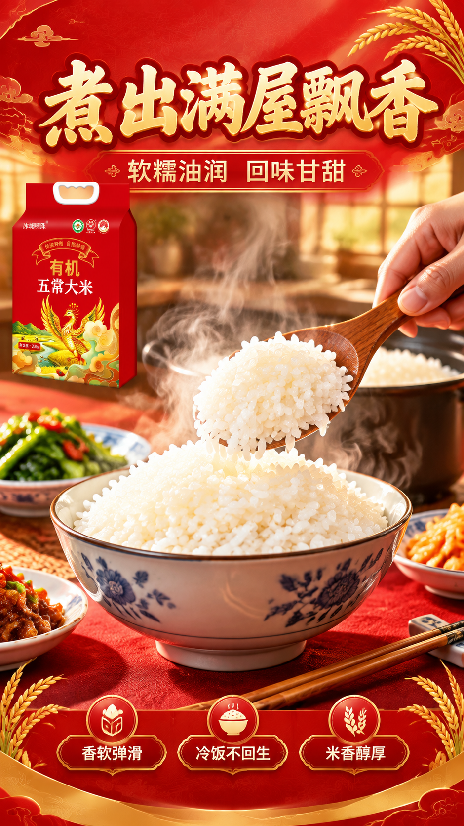 [商品] 使用【图1】冰城明珠有机五常大米红色包装袋置于画面左… - 图片创意预览