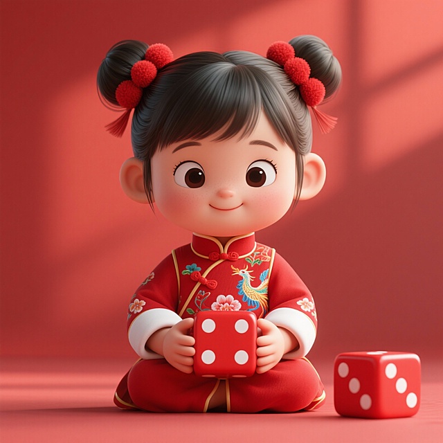 主题：可爱小姑娘掷骰子游戏的可爱场景1. 主体形象：传统服饰与童真气质的融合 服饰细节： 小女孩穿着一身 红色中式童装，衣料上布满精致的 彩色刺绣纹样（可见凤凰、花卉等传统吉祥图案），领口和袖口有白色镶边，整体款式宽松舒适，符合儿童穿着特点。发型为双丸子头，点缀红色绒球发饰，与服饰风格统一，充满“中国娃娃”的经典萌感。 神态与动作： 她盘腿而坐，双手捧着一枚大大红色骰子，眼神专注略带好奇，嘴角微微上扬，露出腼腆又开心的笑容，动作自然放松，仿佛正准备掷出骰子，瞬间抓拍的动态感让画面充满童趣，传递出无忧无虑的快乐。 2. 核心道具：红色骰子的“吉祥+游戏”双重意味 骰子设计： 两枚骰子均为 正红色立方体，表面镶嵌白色圆点（模拟传统骰子的“点数”），体积较大（接近儿童手掌大小），材质看起来柔软圆润，符合儿童玩具的安全属性。红色骰子与红衣、红背景形成统一色调，同时白色圆点作为对比色，清晰突出道具主体。 文化与场景联想： 骰子在中国传统文化中常与节日游戏（如春节“掷骰子博饼”“押宝”等民俗活动）相关，象征热闹、互动的节庆场景。此处道具并非赌博工具，而是转化为儿童手中的玩具，赋予“游戏”“欢乐”的纯粹意义，结合服饰和红色背景，暗示这是春节、庙会等传统节日的欢乐瞬间。 3. 配色与构图：高饱和红色系的节庆氛围 主色调： 背景为 纯红色（明度略高，避免压抑），与女孩的红衣、红骰子形成“全红”视觉主题，红色在传统文化中代表喜庆、吉祥、热闹，直接关联春节、庙会等场景，瞬间唤醒观者对节日氛围的联想。 色彩层次： 服饰上的彩色刺绣（蓝、绿、黄等花纹）和白色镶边、发饰，骰子上的白色圆点，以及女孩皮肤的自然肤色，为大面积红色增添细节层次，避免单调；光线从斜上方照射，在女孩发丝、骰子边缘形成轻微高光，增加画面立体感和温暖感。 构图： 采用 中心对称构图，女孩居于画面中央，双手捧骰子的动作形成视觉焦点，左侧地面放置另一枚骰子，平衡画面左右重量，整体构图简洁却不失细节，让观者注意力集中在人物表情与道具互动上。 4. 情感与文化内涵：童真与传统的碰撞 童真表达： 女孩的年龄（约3-5岁）、圆润的脸型、清澈的眼神、自然的动作，都展现出幼儿特有的纯真与好奇，玩骰子的场景如同孩子摆弄普通玩具，没有成人世界的复杂寓意，只有纯粹的“游戏快乐”，这种天真感与红色背景的“热闹”形成反差萌，让画面更具感染力。 传统符号的现代转译： 红色服饰、刺绣纹样、骰子道具，都是中国传统元素，但通过儿童视角呈现，剥离了符号本身的“仪式感”，转化为“生活化的喜庆”——不再是刻意的节日摆拍，而是孩子在传统环境中自然流露的欢乐，暗示传统文化在新一代中的“轻松传承”。 5. 场景联想与应用 画面极易让人联想到 春节庙会、家庭团圆、儿童过年玩耍 的场景，骰子可能对应“掷状元”“博饼”等传统年俗游戏，也可能只是孩子被鲜艳颜色吸引的偶然互动，但核心都指向“节日里的童真快乐”。 适合作为 春节儿童主题海报、年俗文化宣传、亲子摄影样片 等素材，传递“喜庆、团圆、纯真”的情感，既有传统文化底蕴，又充满生活气息。