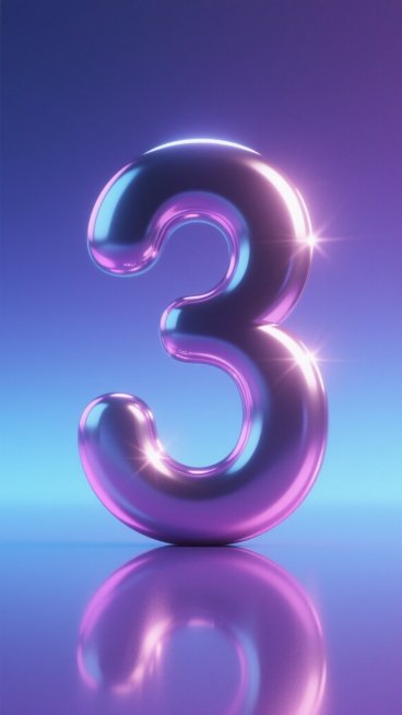 梦幻风格3D数字艺术，巨大的立体数字"3"位于画面中央，表面呈现光滑圆润的金属质感，主体为深邃的银色并带有渐变的粉紫色光泽，高光处闪烁着明亮的光点，底部有清晰的倒影。背景是渐变的蓝紫色调，从上至下由深变浅，营造出宁静而神秘的氛围，底部平面反射着数字的色彩，整体光影柔和，色调和谐统一，充满梦幻般的未来感和科技感。预览效果