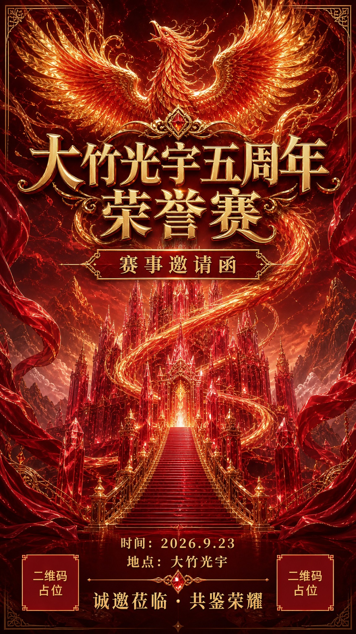 竖版9:16赛事邀请函海报，隆重史诗氛围感。画面中央为一座宏伟… - 图片创意预览