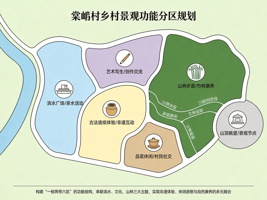 将这张宁波奉化棠岙村乡村景观平面图改制成扁平化简约矢量风的园林竞赛功能分区分析展板：
1.以场地总平面图轮廓为底，用干净的矢量线条勾勒场地边界与道路，去除水彩效果，保留清晰的空间结构
2.用低饱和柔和预览效果