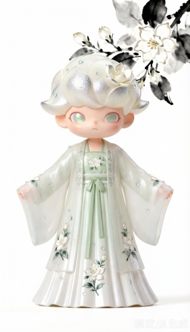 基于参考角色，保持原角色特征和发型不变，设计一套宋制改良汉服古风衣服搭配，融入茉莉、清露元素，白色背景预览效果