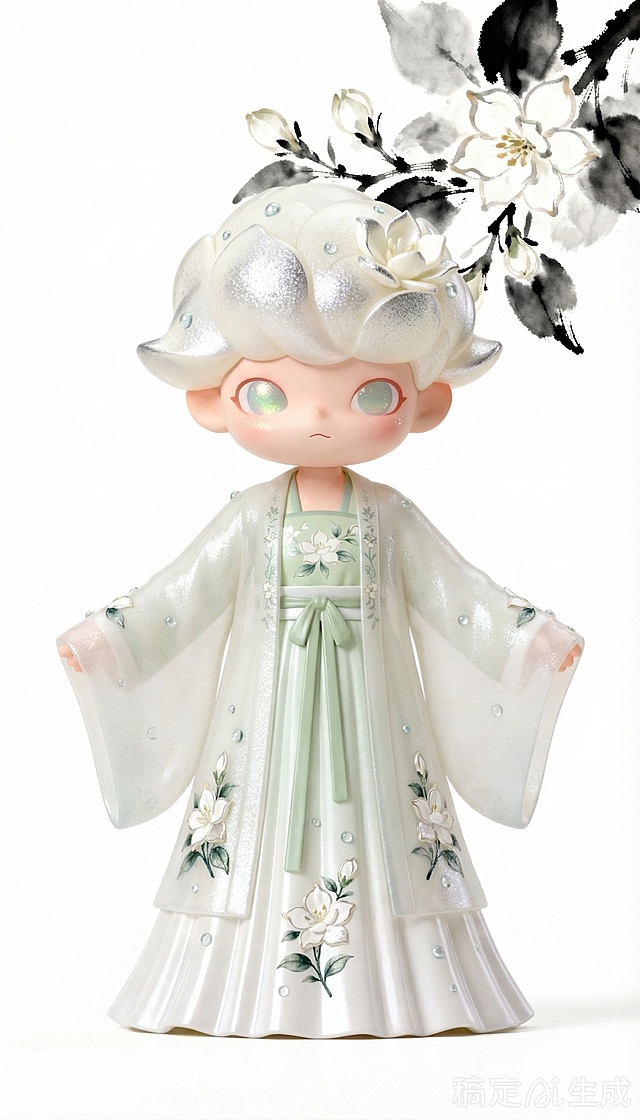 基于参考角色，保持原角色特征和发型不变，设计一套宋制改良汉服古风衣服搭配，融入茉莉、清露元素，白色背景