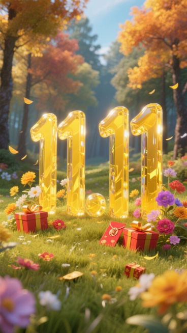 黄色玻璃立体字 “11.11”置于秋天草地场景中 。周围环绕花朵、礼盒、购物红包等元素，森林背景预览效果