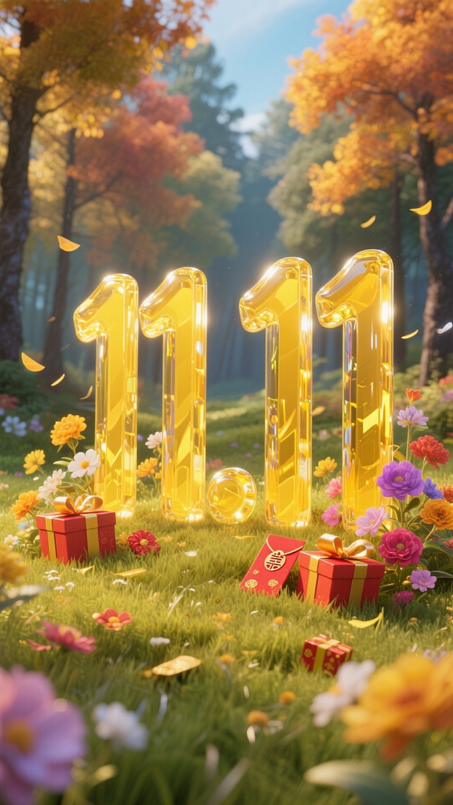黄色玻璃立体字 “11.11”置于秋天草地场景中 。周围环绕花朵、礼盒、购物红包等元素，森林背景