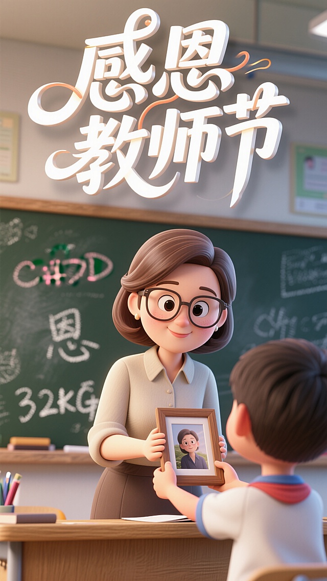 3D卡通风格，OC渲染，特写学生手持相框递给戴眼镜的女教师，虚化的教室黑板背景带有粉笔字痕迹，"感恩教师节"飘逸文字设计，字体设计变形，富有设计感，线条流畅，悬浮在海报顶部，景深效果突出空间层次，前景可以虚化。采用卡通渲染技术增强画面亲和力，c4d建模，大师构图，32K高清图