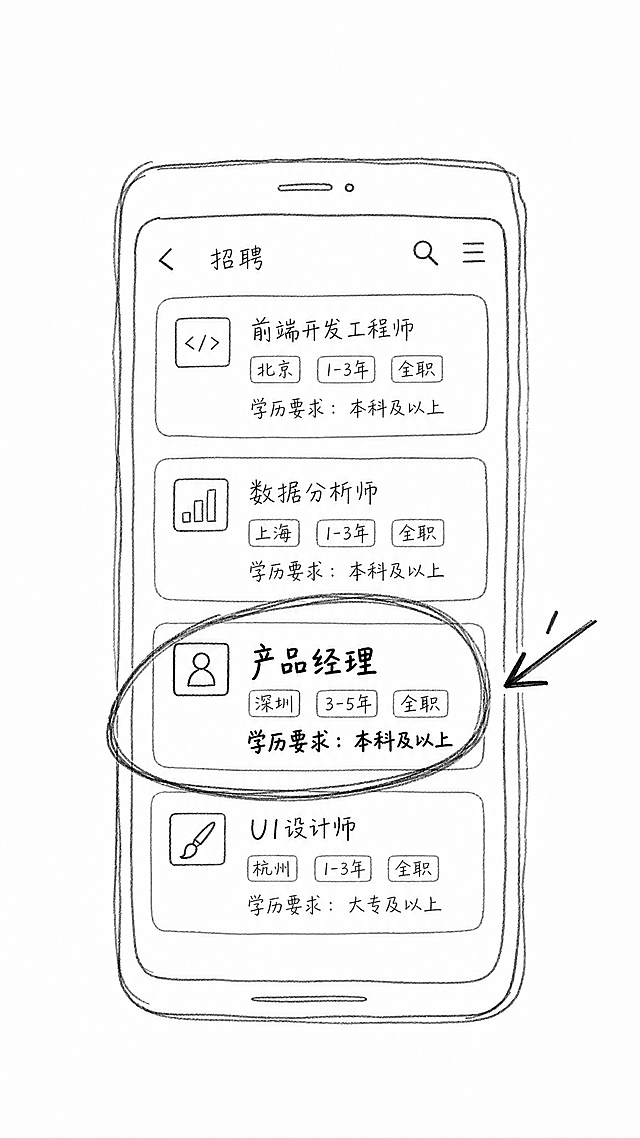 手绘涂鸦风格，极简简笔画，黑白线稿，随意铅笔线条，温馨日记漫画风格，干净白色背景，大量留白，纯线条艺术，9:16 竖屏格式，手机屏幕特写占画面中央，随手画的矩形框代表手机，屏幕内用手绘潦草线条画出3-4个招聘岗位小卡片，每个卡片底部有"学历要求"字样，保持铅笔手写字感，其中一个卡片被粗铅笔线条圈出，旁边画一个小箭头指向它，圈内的字比其他卡片略粗，突出对比，整体像随手在记事本上画的速写，线条不工整但有信息传达力