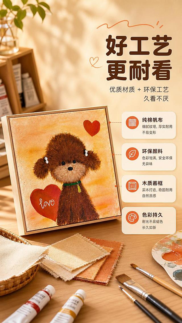 [商品] 使用【图1】萌系泰迪小狗手绘肌理装饰画；保留棕色泰迪形象、蓬松毛发质感、双耳白色珍珠装饰、绿色项圈金色吊牌、暖橘渐变背景、红色爱心与白色love手写字体；商品处理：保留手绘笔触与画布肌理质感，展示画框侧边与画布厚度，不改变正面形象结构。
[画面] 目标为工艺与材质展示，斜侧视角构图，装饰画微倾斜摆放展示厚度与画框，占画面50%，周围散落帆布材质小样、颜料管、画笔等工艺元素，背景为浅木色桌面与暖光，三层视觉层次。
[视觉] 套系策略：风格=暖橘治愈系手绘肌理风商业摄影；标题字=圆润粗黑体；正文字=圆角无衬线体；主色=暖橘杏色；背景延展=基于暖橘杏色做深浅渐变、同色晕染和细腻画布/纸张质感；强调色=砖红色，仅用于小面积图标、引线和标签；标题色=深棕褐色；正文色=暖棕灰色；组件=圆角浅底信息卡、圆点引线、软萌曲线装饰；光影=左前侧暖柔光，柔和漫反射。
[文字] 右侧主标题「好工艺 更耐看」，副标题「优质材质 + 环保工艺 久看不厌」，配4个工艺卖点：纯棉帆布、环保颜料、木质画框、色彩持久，文字区位于右侧，不遮挡装饰画主体。
[规格] 图片比例9:16竖版，4K分辨率，避免变形、错字、文字过小、冷蓝/蓝灰背景、颜色改变、形象失真。