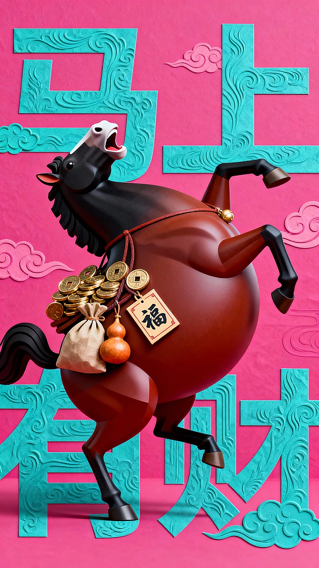 这是一幅融合压纹工艺马主题艺术设计，海报的排版技巧可从视觉锚点、色彩联动、文字层级、文化符号融合四个维度精准拆解，视觉锚点：夸张图形构建1匹倒立的马，撑满画面的以山丹马为原型设计马年IP形象：摒弃所有琐碎细节，用极简线条与基础几何形态构成黑棕色奔跑马，完整姿态，姿态俏皮（马头仅占身体比例的1/8），仰天长啸，极度夸张的流线型肥胖身躯完全占据画面（突出形成视觉节奏，避免单调。马背驮着铜钱、葫芦、福、钱袋等，背景为大字笔划为云纹体的字“马上有财”下，色彩策略：高饱和碰撞 + 符号化呼应，强对比抓眼：玫红色背景与枣红色马匹形成极具冲击力的视觉反差，瞬间抢占注意力；符号色表意：蓝、绿点缀色分别对应传统吉祥寓意（蓝显贵气、绿寓福禄）