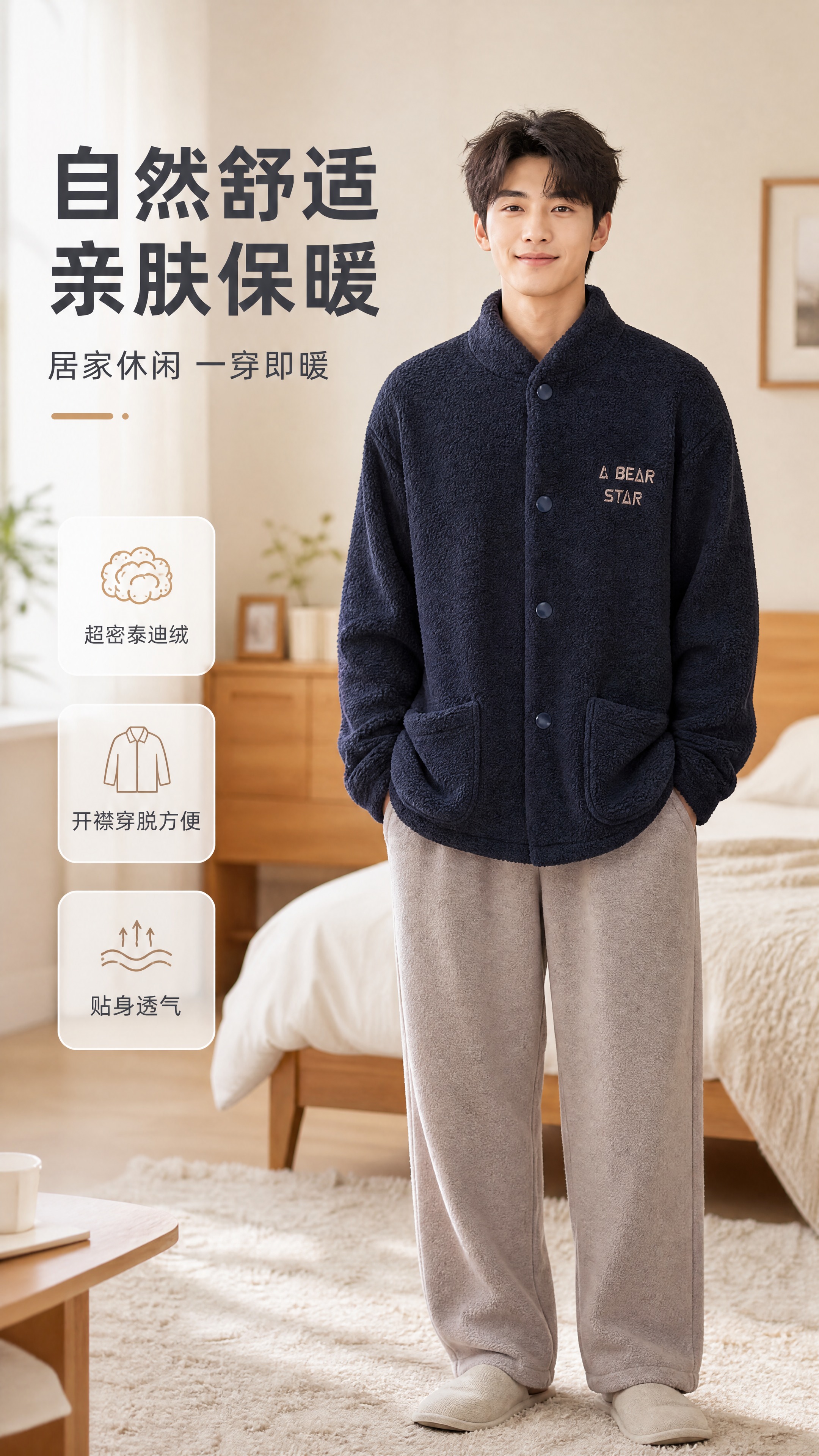 [商品] 使用【图1】黑藏青色小泰迪绒立领家居男衫；保留立领、… - 图片创意预览