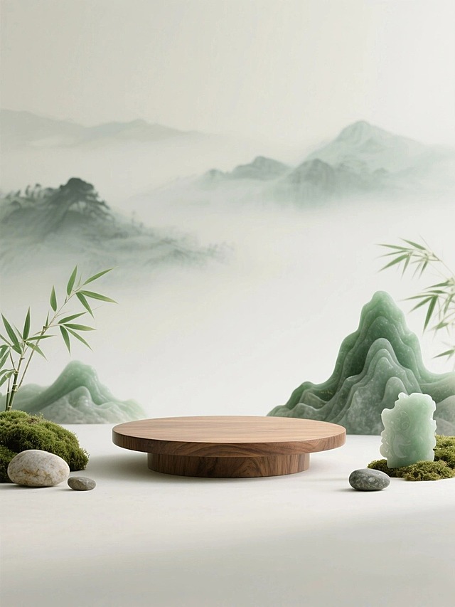 新中式美学，特写的产品展示空场景图，居中突出一个木质圆形展台的特写镜头，展台周围是立体玉雕青绿山峦、青翠竹叶、苔藓、鹅卵石、浅绿色玉石，背景是淡墨晕染的远山云雾，整体色调柔和，低饱和莫兰迪色系（浅绿、米白、木棕为主 ）