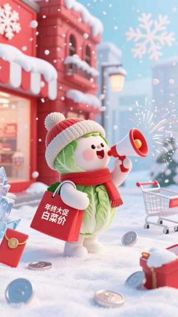 主视觉为戴着毛线帽围巾的白菜小人拿着雪地喇叭，背着毛绒红色购物袋呼喊，购物袋印着 “年终大促 白菜价”，冬日雪景促销氛围，红白与浅蓝配色的雪景街道背景，点缀雪花造型红包、银币、冰晶礼花、雪橇购物车元素预览效果