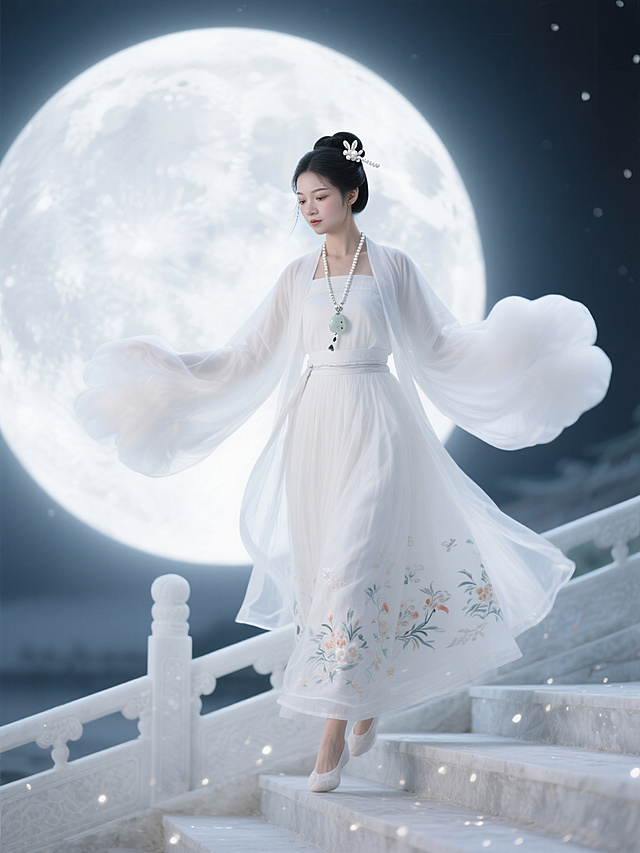 工笔风与水墨晕染交织，虚拟现实呈现超现实主义梦境。月下仙子踏阶而行，清透纱裙随风轻扬，光影流转间尽显中式古典之美，静谧浪漫如诗。