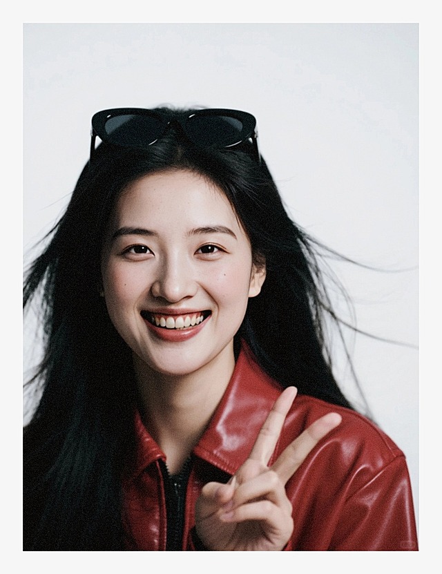 一个女生，红色皮衣，黑色长发被风吹开，头顶架墨镜，大笑，手比耶，正脸特写，低饱和度，加强阴影白色背景。