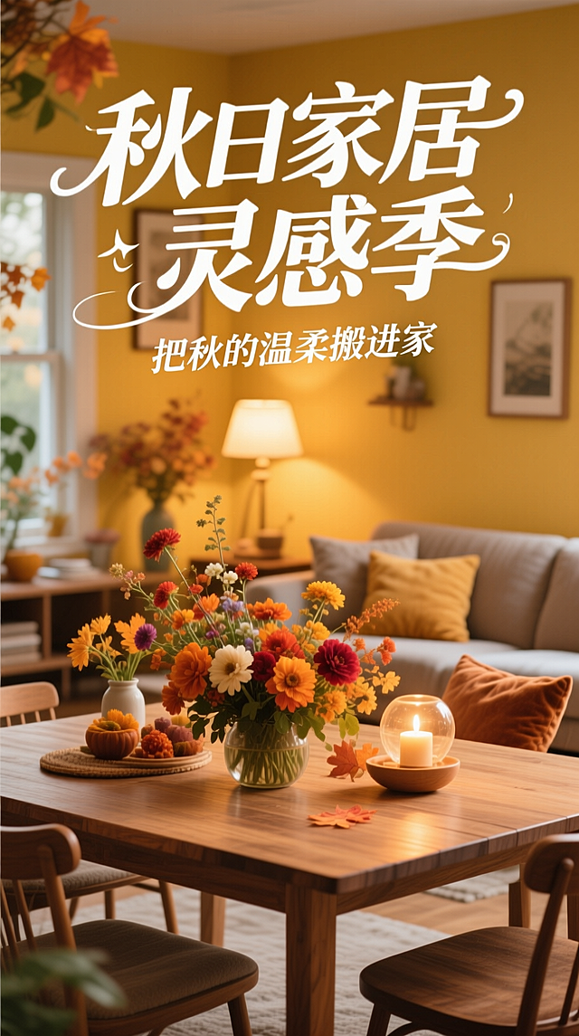 秋日暖阳洒落，木质餐桌上的花束与烛光交织，轻拟物风搭配油画质感，营造出温馨、舒适、柔和的实景家居氛围，传递秋日居家灵感。