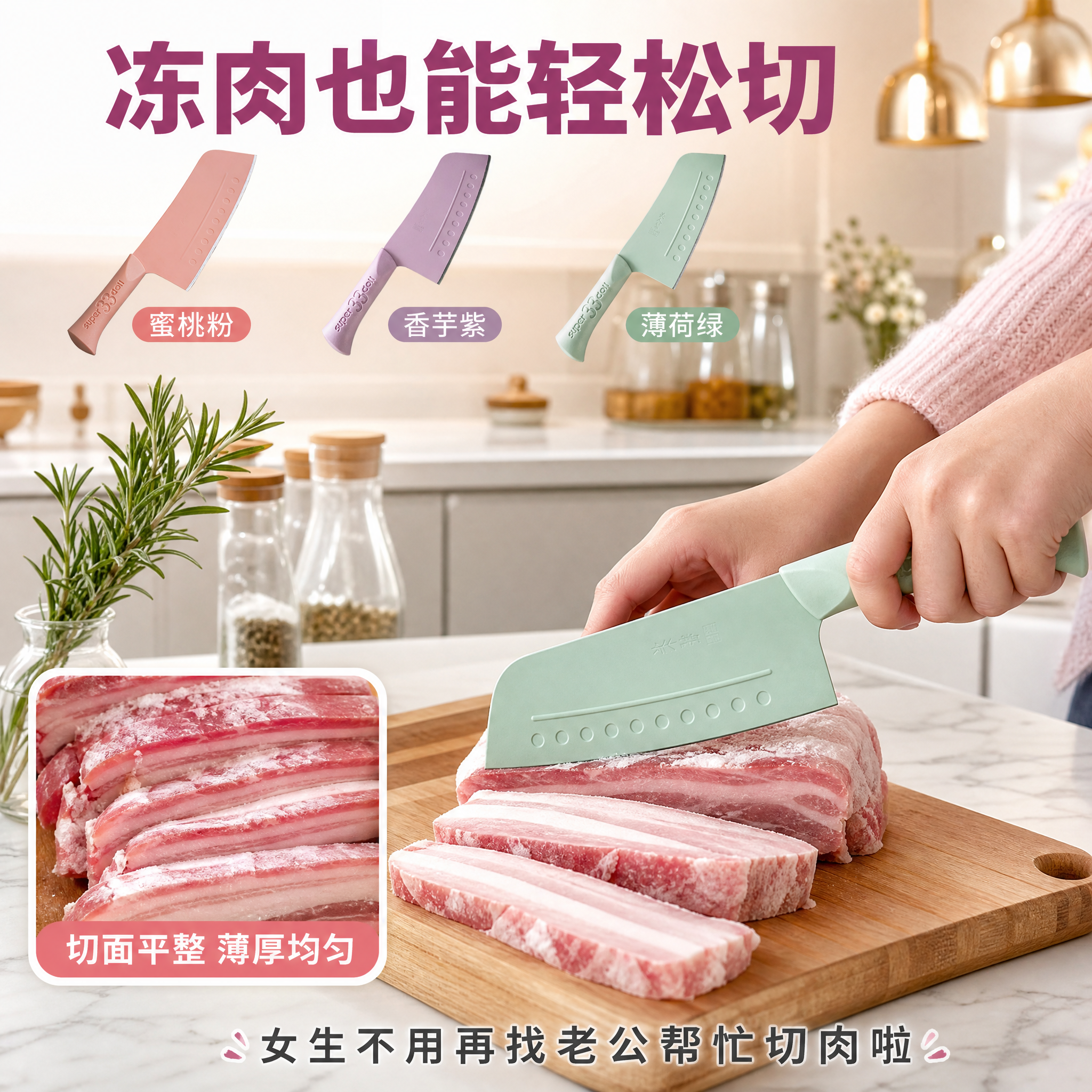 [主图-3] 锋利度展示图，三色菜刀切冻肉场景，突出女生也能轻… - 图片创意预览