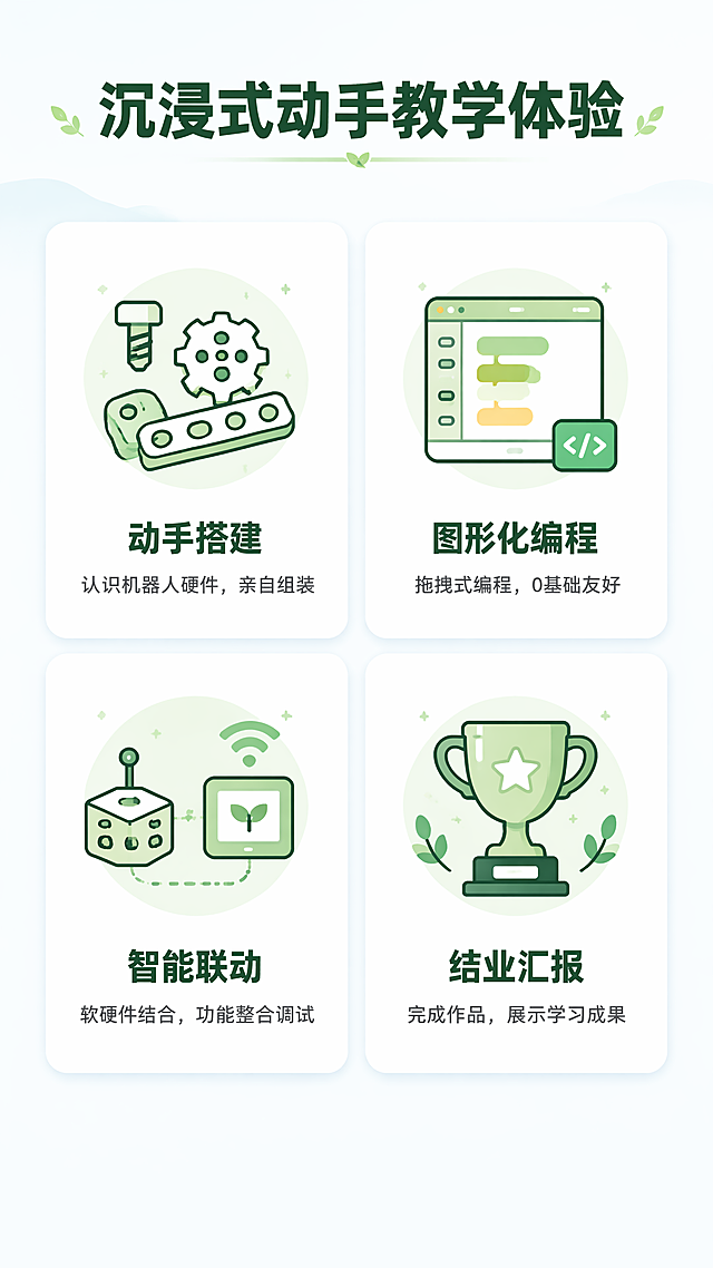 [第5屏] 教学方式与服务体验-智慧农业机器人编程营教学模式介绍。
[氛围/风格] 图标化模块化展示，清晰直观，活泼专业，延续整体配色风格。
[元素布局] 顶部标题，下方分成四个图标化模块，两排两宫格布局，每个模块顶部是一个简约矢量图标，下方是文字说明，整体排布均匀不拥挤。
[光影质感] 整体均匀明亮，图标有浅绿色填充和深绿描边，模块间距留白舒适，有轻微阴影增加层次感。
[配色色系] 全局底色：#F5FBFF；图标绿色系，模块背景白色，文字深灰/深绿，干净清爽。
[视角构图] 竖向排版，顶部标题+中部四宫格模块，底部留白，符合手机浏览习惯，信息一目了然。
[文字版式] 顶部标题"沉浸式动手教学体验"，居中加粗深绿色。四个模块分别为：
1. 图标：零件图标，标题「动手搭建」，说明「认识机器人硬件，亲自组装」
2. 图标：代码图标，标题「图形化编程」，说明「拖拽式编程，0基础友好」
3. 图标：链接图标，标题「智能联动」，说明「软硬件结合，功能整合调试」
4. 图标：奖杯图标，标题「结业汇报」，说明「完成作品，展示学习成果」
每个模块图标在上，标题加粗，说明文字在下，字号适中，全部清晰可读。
[比例分辨率] 9:16 竖版比例，4K分辨率，文字清晰可辨。
[负向提示词] 图标变形，文字错位，重叠模糊，配色混乱，背景杂乱。