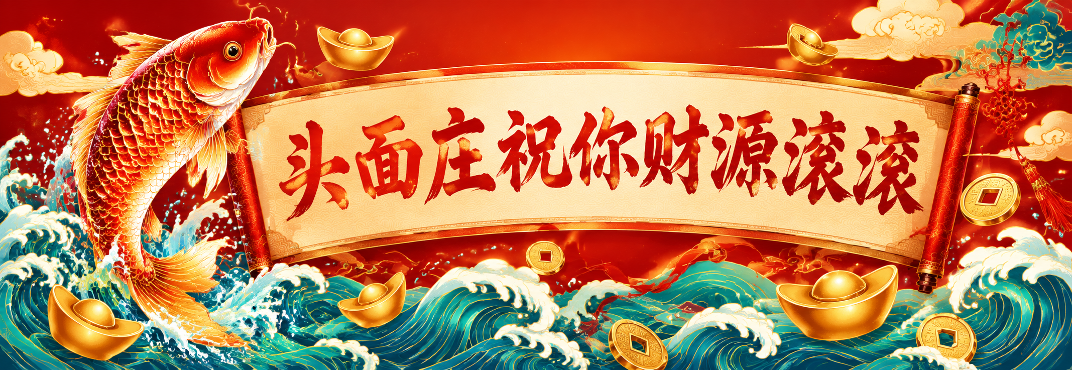 国潮新年横幅设计，70cm×24cm横版长条。左侧是金色锦鲤跃… - 图片创意预览