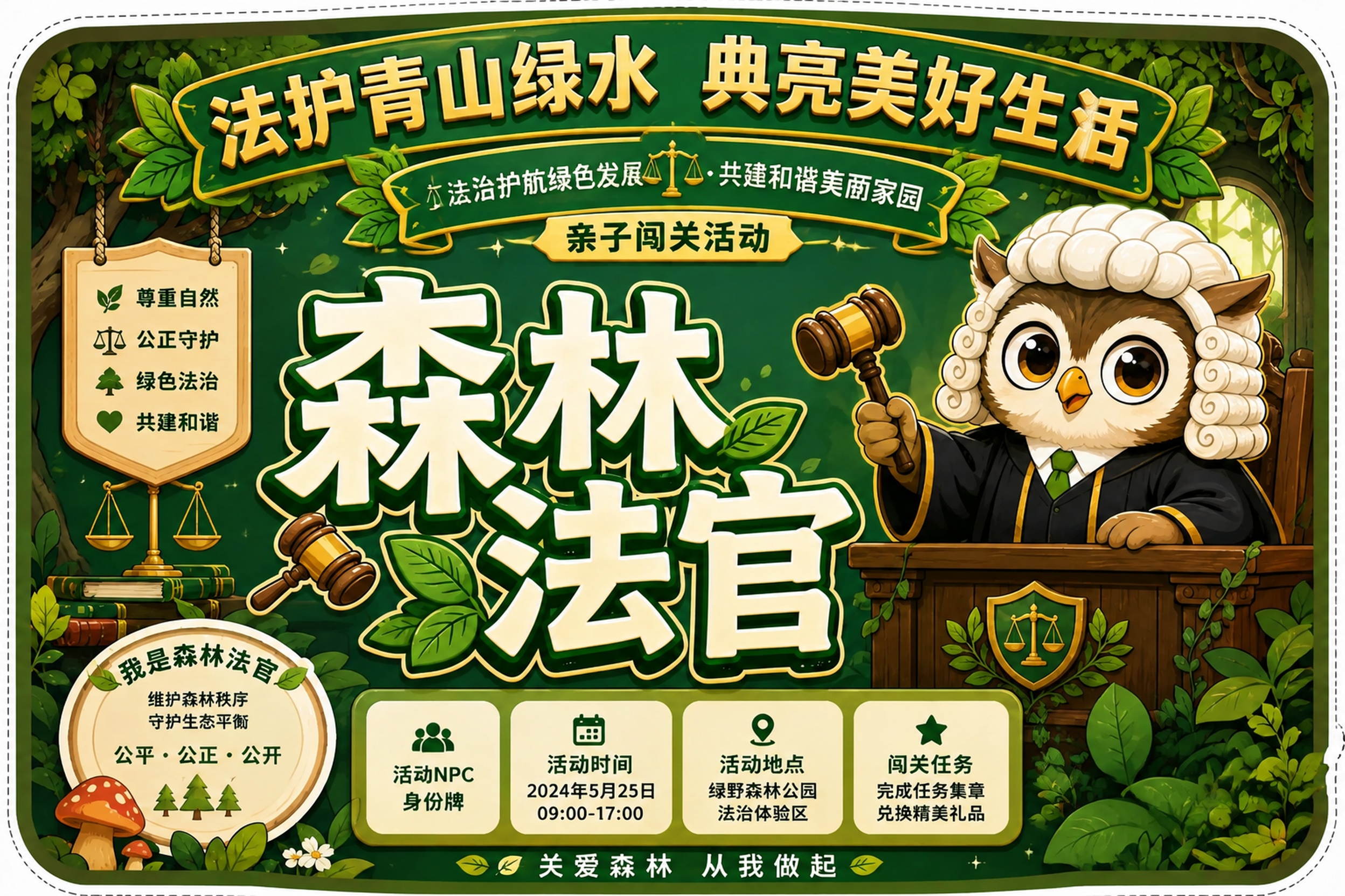 在这张森林法官贴纸顶部添加活动名称主标题"法护青山绿水 典亮美… - 图片创意预览