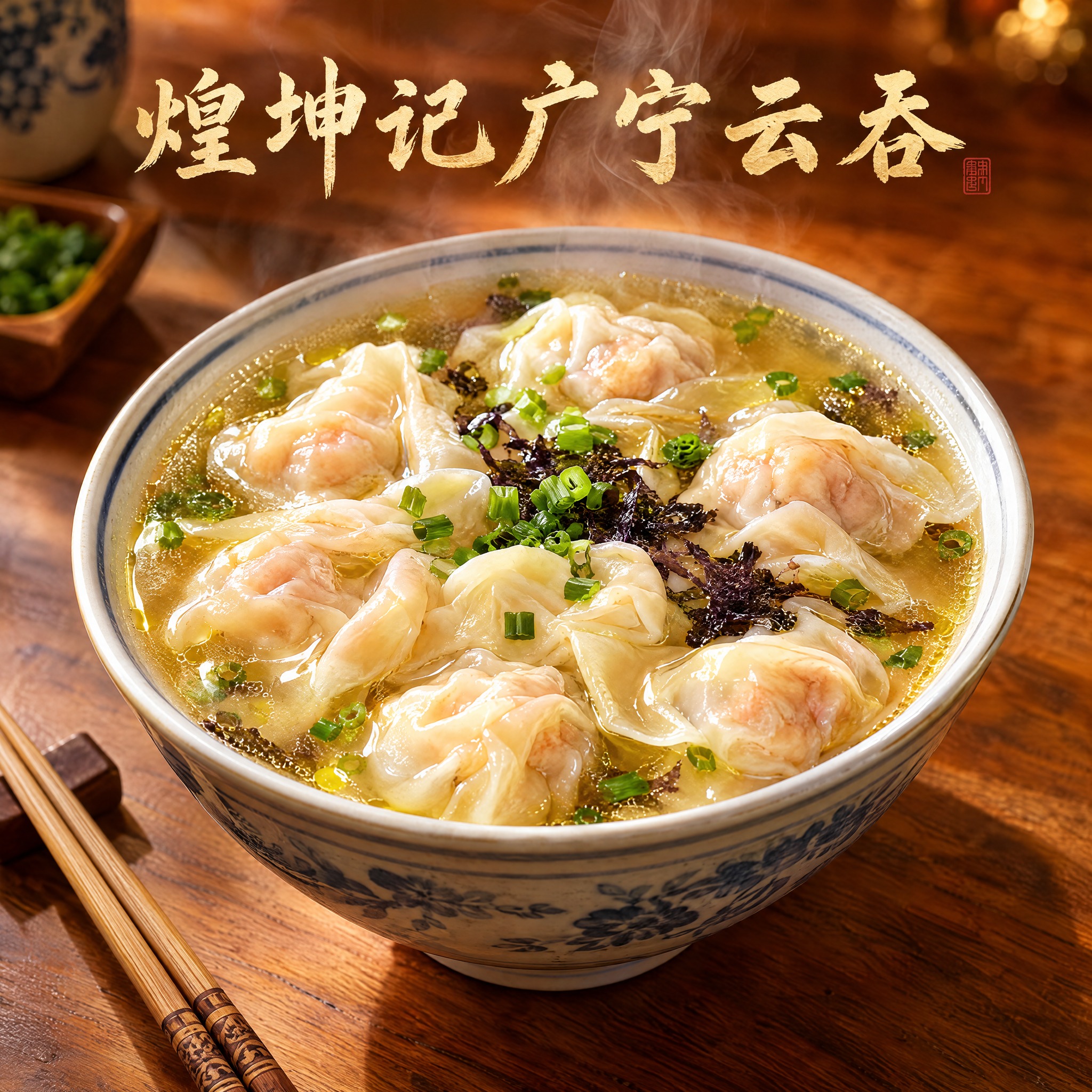美食摄影风格头像，画面中央是一碗热气腾腾的广宁云吞，云吞皮薄馅… - 图片创意预览