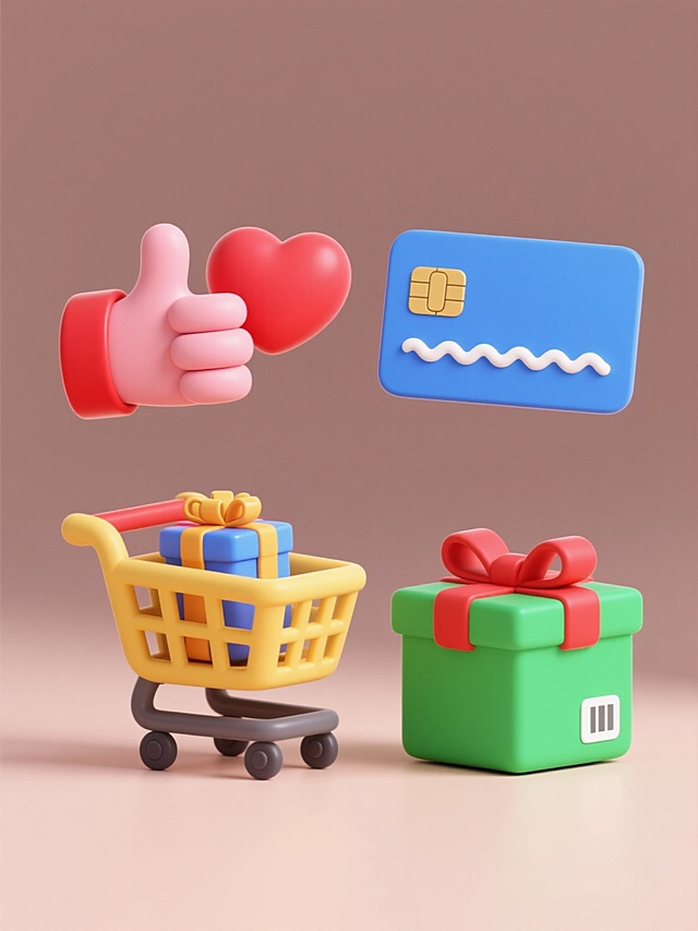 一组4个规整排布的电商素材集合，每个元素均采用圆润可爱的3D立体风格，纯色背景，柔和均匀的光影，高光与阴影过渡自然细腻，材质光滑饱满。第一个元素是戴着红色袖口的粉红色点赞手势旁有一颗红色爱心；第二个元素是黄色购物车造型，车轮为深灰色，车筐内放着一个彩色礼盒；第三个元素是蓝色信用卡图标，卡面有白色波浪条纹和金色芯片；第四个元素是绿色包裹箱，上面系着红色蝴蝶结，箱子侧面有白色快递标签。所有元素造型简洁卡通，色彩明快协调，适合电商促销场景使用，整体保持统一的可爱3D设计风格和电商元素类目。