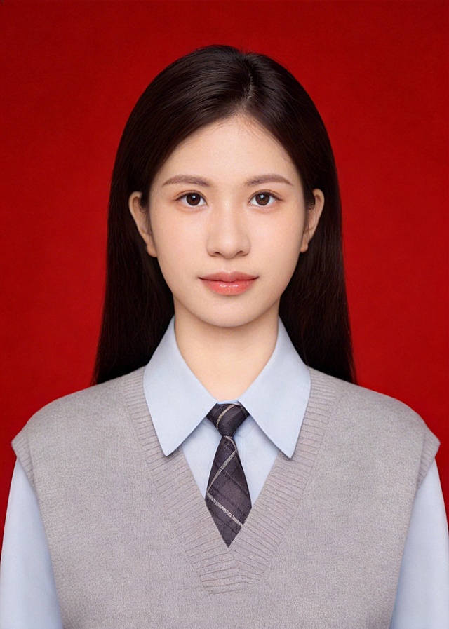 https://gdesign-dam-hz.dancf.com/35860501094974530/f0be2b0c4e104a2ca9837653a538716a.jpg https://2.png 保留第一张图中人物发型､脸型､年龄特征生成标准样式纯正面证件照;人物主体严格居中,头部大小与位置严格对齐第二张图,双肩水平平衡,面部中轴线对齐画面中心,正视前方;标准证件照构图,人物绝对居中;头顶上方距离上边缘高度10%,下巴距离画面下边缘高度30%,人物主体占比约68%;肩部平展与画面水平轴平行;头部占比严格对齐第二张图;年轻亚洲女性,身着浅灰针织背心,内搭浅蓝色翻领衬衫,系灰黑格纹领带,不戴帽子,无头饰,无发带,不戴眼镜,无胡子,面部无痣,消除面部瑕疵,提亮肤色,消除暗沉,清透裸妆,隐形毛孔,均匀肤色,唇色自然提亮;肤色白皙细腻,轻透裸妆+微微提亮;底妆轻薄服帖;淡妆:极细内眼线,唇色微微润泽;眼神澄澈,看向镜头,气质自信,嘴角微微上扬表情自然;耳廓可见度一致;肩部平展,肩线与画面水平轴平行;头肩比例协调呈现;免冠,五官完全露出,柔和正面顺光均匀柔光,面部明亮无硬影,背景均匀提亮,画质清晰,零噪点降噪;面部清晰;背景亮度均匀统一;高清锐利画质,细节清晰可见;零噪点处理;色彩还原自然,均匀柔和布光,无明显阴影,面部光影干净,柔光正面打光,自然光影过渡,皮肤质感细腻,哑光质感,标准焦段50mm,纯正面,入境范围头部至胸部以上区域,F/4光圈(兼容F/2.8-F/4区间),平视视角(镜头与人物视线完全齐平),正视视图;人物绝对居中(居中构图),位于画面中心;严格限定标准证件照规格;视线水平(瞳孔连线与画面水平线平行);双耳对称露出,双肩水平且平衡,头部占比严格对齐垫图,禁止大头照;专业证件照质感,高清人像质感,细腻皮肤纹理,高分辨率,极简纯色红色背景,严格按照第一张图内容生成｡画面比例5:7