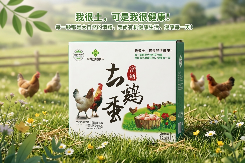 电商主图，凤衔山珍富硒土鸡蛋，30枚礼盒装，绿色生态有机风格，展示完整包装盒，放置在清新自然的草地场景，品牌标语为“我很土，可是我很健康！每一颗都是大自然的馈赠，崇尚有机健康生活，健康每一天！”，画面预览效果