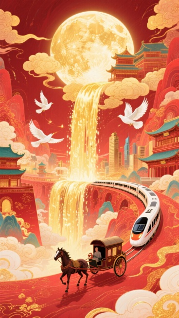 月光如金色的瀑布从圆月（占满画面2/3）上倾泻到底部的全景大地上（马车、动车分别行驶在古建筑和城市间），画面带有发光效果，白鸽飞过，整体画面充斥着华丽的金色和喜庆的红色，奇幻色彩和光影变化，具有丰富的预览效果