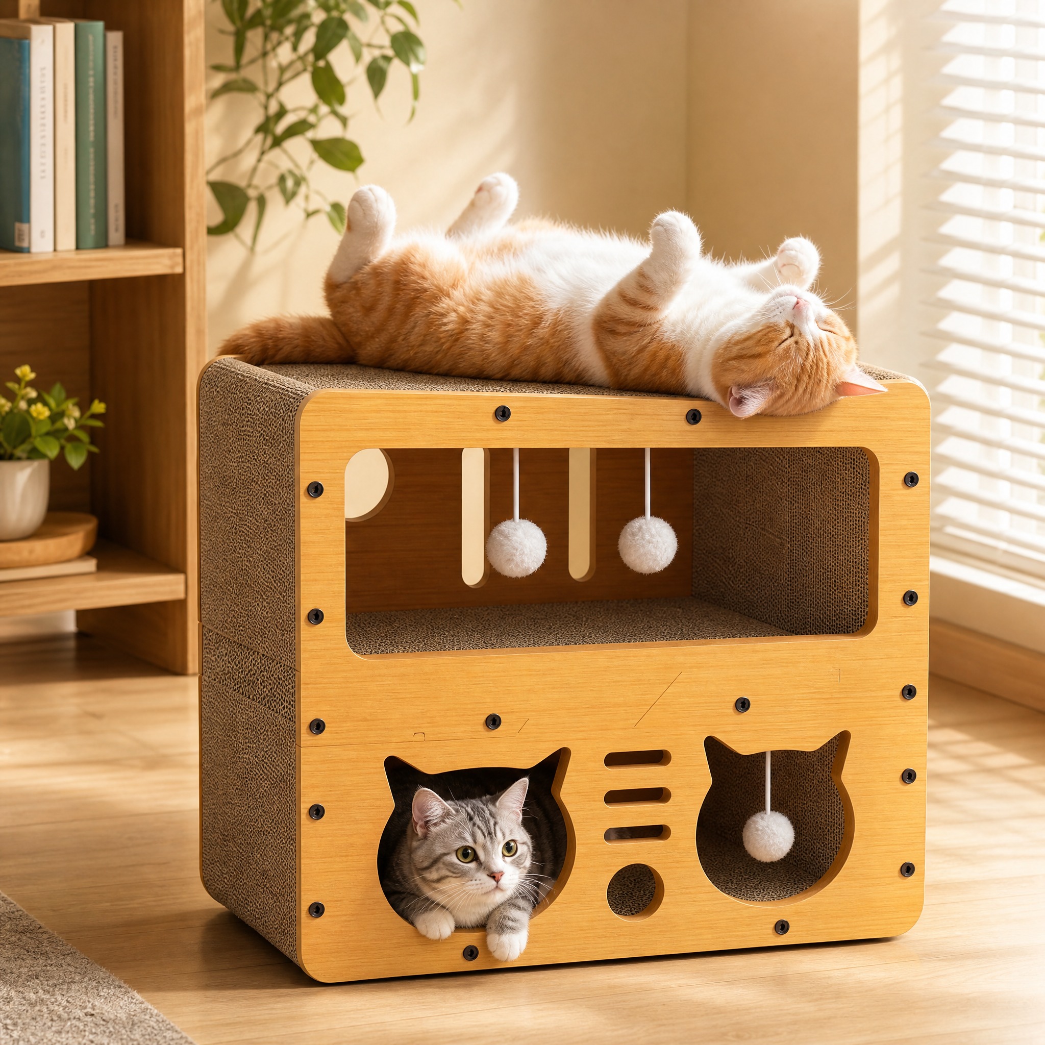 [主图-1] 双层立式猫抓板猫窝产品情绪首图，展示猫咪在猫窝中… - 图片创意预览
