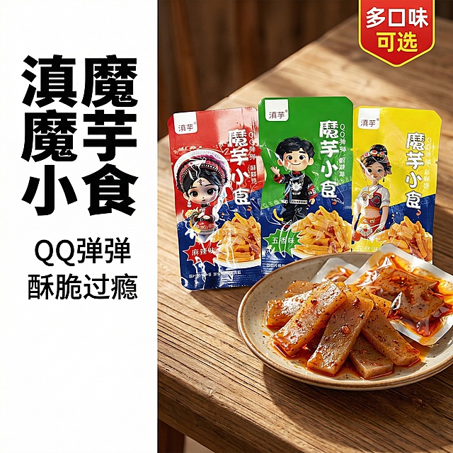 垫图：魔芋爽包装袋三袋组合产品展示，滇魔芋小食魔芋爽电商主图首图，食欲诱惑风格。真实温馨的木质餐桌场景，三袋不同口味魔芋爽自然摆放居中展示，旁边盘子里盛放打开包装的魔芋爽，油光红润纹理清晰，自然暖阳逆光打在魔芋爽上，突出诱人食欲感，背景铺满全屏无边框。主色调：产品原包装多彩，辅助色：原木暖棕，浅白桌面。左侧文字：主标题 "滇魔芋小食"，字体加粗无衬线，最大字号，副标题 "QQ弹弹 酥脆过瘾"，右上角红黄标签 "多口味可选"。产品主体占据画面中心，文字悬浮在左侧背景留白处，不遮挡产品主体。整体构图均衡，突出产品和食欲感。