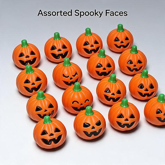 [主图-3] Mini Size Pumpkin Ornaments Multi-Pack组合展示图。
[氛围风格] 清晰产品展示，简约干净。
[画质] 商业摄影质感、光线均匀清晰、产品细节真实、画面干净高级。
[元素] 一整组不同鬼脸表情的迷你南瓜小摆件整齐摆放在浅灰色背景上，保持每个产品外观(物理结构、材质质感、颜色)与输入产品图绝对一致，杜绝任何变形和色差，精细化处理。清晰展示多款不同的表情设计，排列整齐有序，背景低饱和浅灰色渐变。商品主体占比约70%，画面干净不拥挤。
[光影] 均匀柔光打光，每个产品细节清晰可见，无大面积死黑或过曝。
[配色] 产品橙色主体搭配浅灰色背景，色彩对比清晰舒适。
[视角构图] 俯视平铺拍摄，完整展示所有产品，布局整齐。
[文字版式] 上方标注 "Assorted Spooky Faces"，简单英文说明，字体简约干净，不遮挡产品。
[比例分辨率] 1:1 比例，2K 分辨率；文字清晰锐利，画面超高清。
[负向提示词] 变形，文字错乱，产品图模糊，背景杂乱，水印，电商平台Logo，中文文字，夸大词汇
