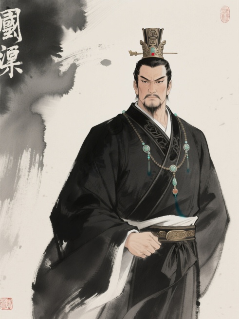 商纣王古风写实动漫形象从画面右侧平稳浮现。人物形象依据《史记・殷本纪》记载设计：身材伟岸、力大善搏的勇武中年帝王，面容刚毅，眉眼锐利深邃，头戴商代冠冕，身着交领右衽玄色冕服，佩组玉，无任何脸谱化丑化特预览效果
