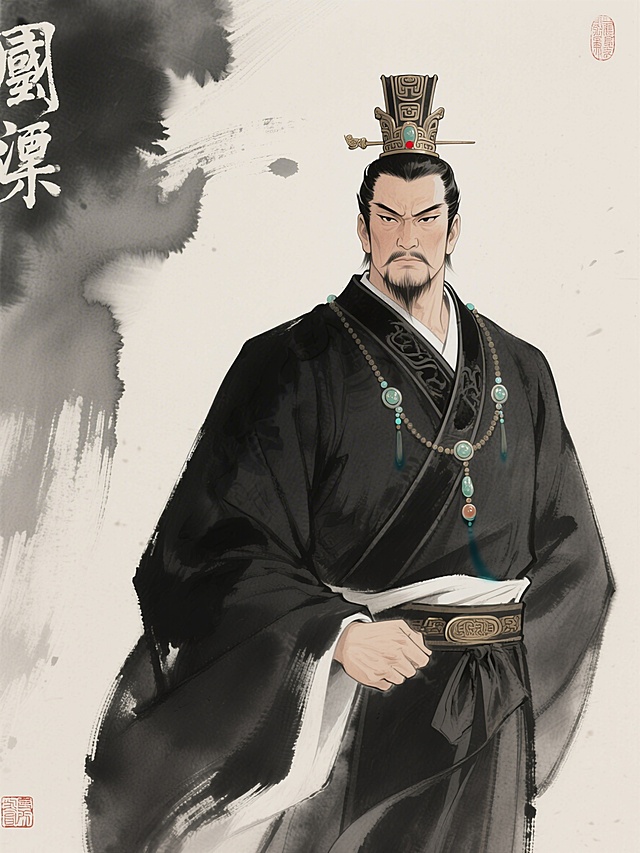 商纣王古风写实动漫形象从画面右侧平稳浮现。人物形象依据《史记・殷本纪》记载设计：身材伟岸、力大善搏的勇武中年帝王，面容刚毅，眉眼锐利深邃，头戴商代冠冕，身着交领右衽玄色冕服，佩组玉，无任何脸谱化丑化特征，神情威严而非暴戾，画面稳定停留，无多余动作。