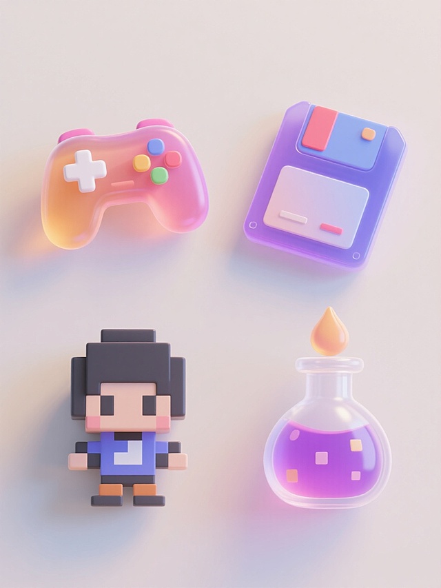 4个不同配色、不同材质的游戏相关元素图标，采用3D立体风格，具有半透明果冻质感与光滑表面，搭配明亮柔和的渐变色彩与清晰的高光阴影，上下两行各2个图标对齐排列，背景为纯净浅色，图标包括游戏手柄、游戏卡带、像素风格角色、魔法药水瓶，整体氛围欢快活泼，细节精致，边缘圆润。