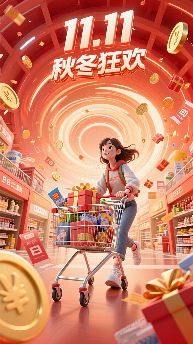 软3D风格融合卡通人物与霓虹灯风，营造喜庆促销氛围，虚拟现实场景中购物车满载礼物，金币与礼盒飞舞，呼应双十一秋冬狂欢主题。