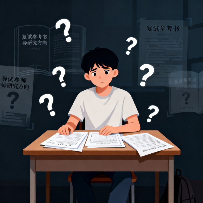 考研复试信息闭塞主题插画，学生坐在书桌前满脸困惑，面前摊着初试资料，周围散落着问号，背景有复试参考书、导师研究方向资料的虚影，整体色调偏暗，突出迷茫的氛围，扁平插画风格预览效果