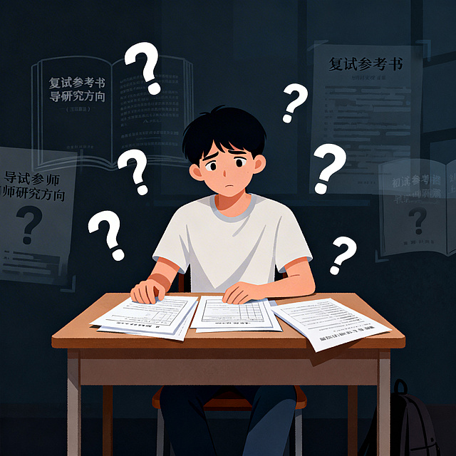 考研复试信息闭塞主题插画，学生坐在书桌前满脸困惑，面前摊着初试资料，周围散落着问号，背景有复试参考书、导师研究方向资料的虚影，整体色调偏暗，突出迷茫的氛围，扁平插画风格