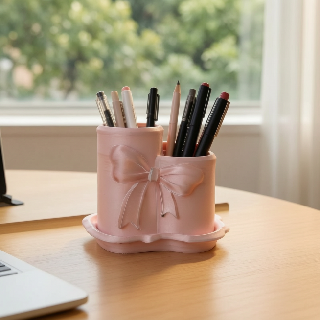 [Main image-2] Pink bow divided storage bucket real life desk scene display.
[Atmosphere style] Warm预览效果