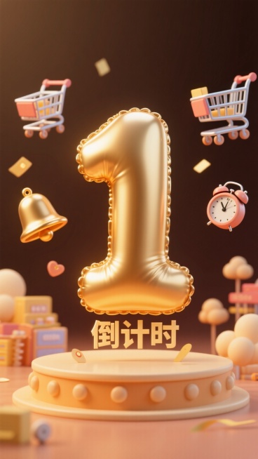 巨大的金色数字“1”的气球，下方小标题“倒计时”，购物车，铃铛，闹钟悬浮在周围，暖色调，促销氛围预览效果