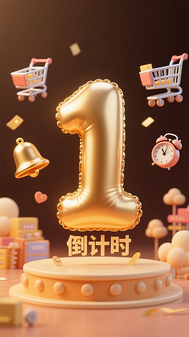 巨大的金色数字“1”的气球，下方小标题“倒计时”，购物车，铃铛，闹钟悬浮在周围，暖色调，促销氛围