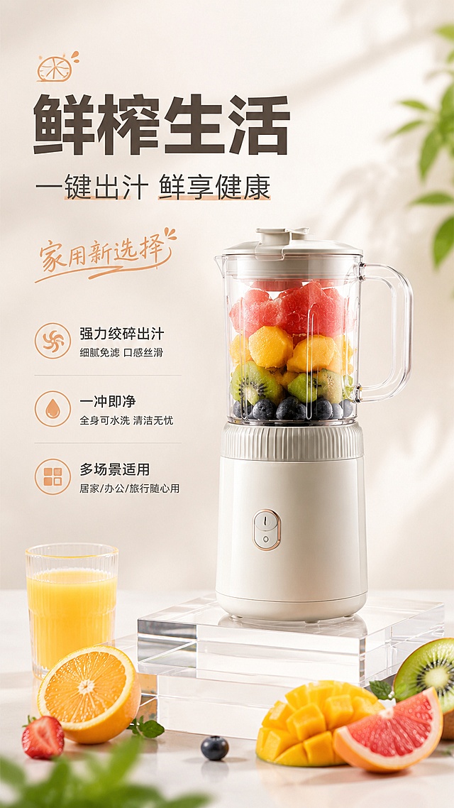 清新自然风，现代简约设计，3D立体构图，突出健康生活理念，搭配柔和光影与真实水果质感，传递科技与生活的完美融合。