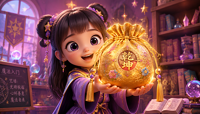 卡通小女孩双手展示一个神奇的金色布袋（乾坤袋），袋子正面朝向观众，袋子上有精美的中国风刺绣花纹和流苏，袋子发着柔和的金光，小女孩表情神秘又兴奋，背景是魔法教室，有书架和魔法道具，粉紫色调，3D卡通风格，童趣可爱