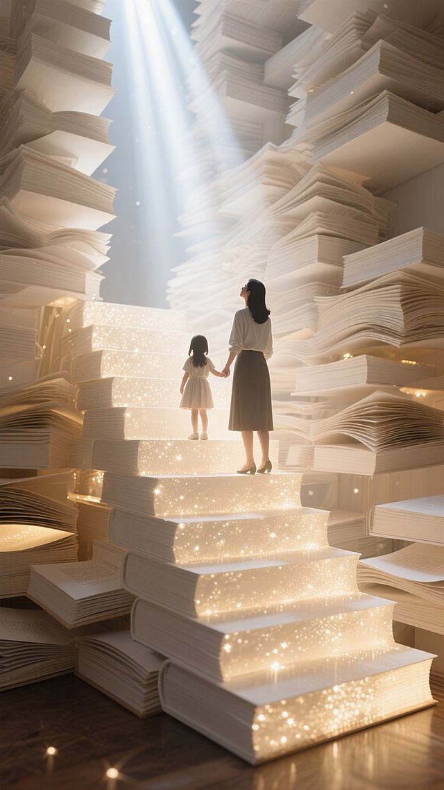 一个复杂的纸艺雕塑装置，纸张堆成三维阶梯空间，层层叠叠如楼梯，柔和温暖的灯光照亮纸张，透明书页，温暖柔和的光从内部散发出来，一位女性教师牵着一个小女生站在书页的阶梯上向上走，抬头向上看去，光从最高处的楼梯上面射下来造成剪影效果，探索知识的沉浸式场景，超现实纸艺雕塑，精致细节，强调教育和智慧，复杂的纸张纹理，温柔的暖光，高分辨率，8k