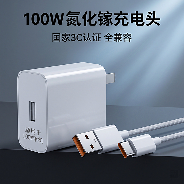 [主图 1] HW-100氮化镓充电头科技风首图。
[氛围风格] 程序员简约高级科技风格，简约不简单。
[画质] C4D Octane物理级商业摄影质感，超写实渲染，产品清晰真实，画面干净高级，文字清晰可辨。
[元素] HW-100氮化镓充电头搭配数据线居中放置，商品主体占比70%。保持产品外观（物理结构、材质质感、白色主体颜色）与输入产品图绝对一致，杜绝任何变形和色差，精细化处理金属接口高光质感。背景为深空灰渐变科技感极简哑光台面，点缀微弱蓝色体积光，整体干净不杂乱。
[光影] 冷调科技影棚布光，高位侧主光，清晰高光带勾勒产品圆角边缘，底部柔和投影，对比明快，金属接口反射清晰，无泛白。
[配色] 主色调深空灰，辅助色白色，点缀冷蓝色科技光感。
[视角构图] 平视45度，主体居中偏下，景深中等，轮廓完整不裁切。
[文字版式] 顶部左对齐留安全边距，主标题 "100W 氮化镓充电头" 黑色大号粗体无衬线字体，下方副标题 "国家3C认证 全兼容" 字体缩小一半。文字放置在负空间，不遮挡产品主体，文字与背景对比强烈清晰。
[比例分辨率] 1:1比例，2048x2048，2k分辨率，文字清晰锐利，超高清。
[负向提示词] 变形，水印，文字错乱，产品图模糊，背景杂乱，颜色刺眼，遮挡主体，牛皮癣