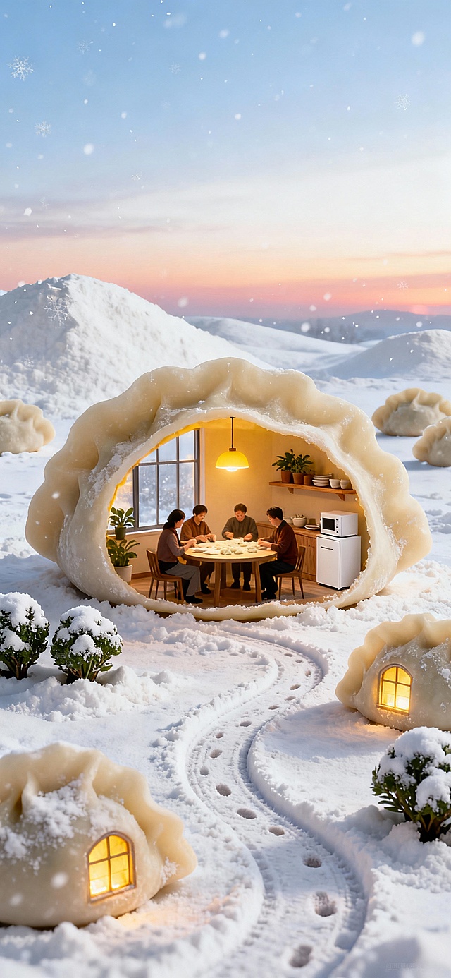 雪地中的饺子屋微缩场景，3D粘土风呈现梦幻温馨感，重拟物设计融合虚拟现实，一家围坐包饺子，传递冬日趣味与团圆温情。