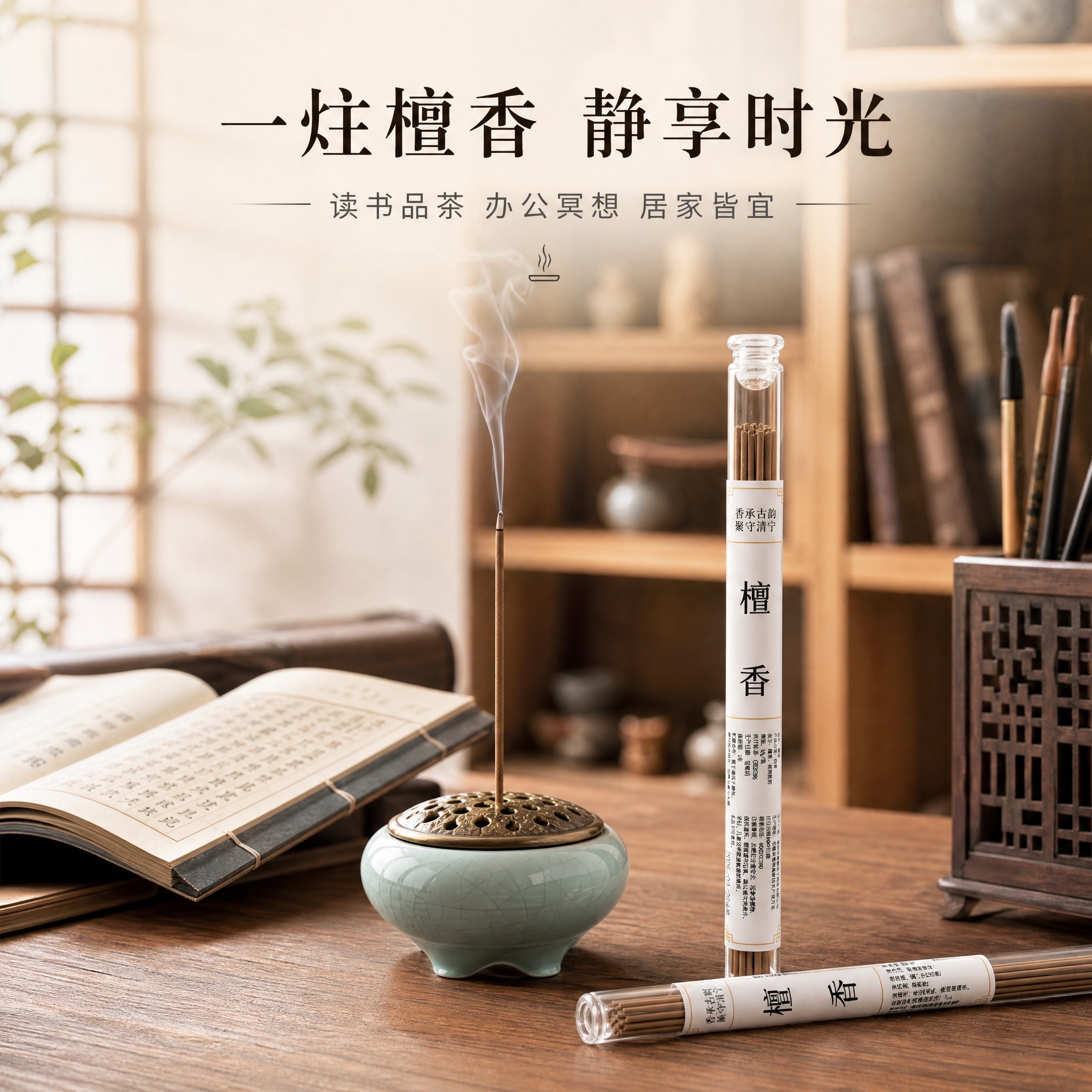 [主图-3] 檀香线香 使用场景展示 书房茶室熏香氛围 [统一… - 图片创意预览