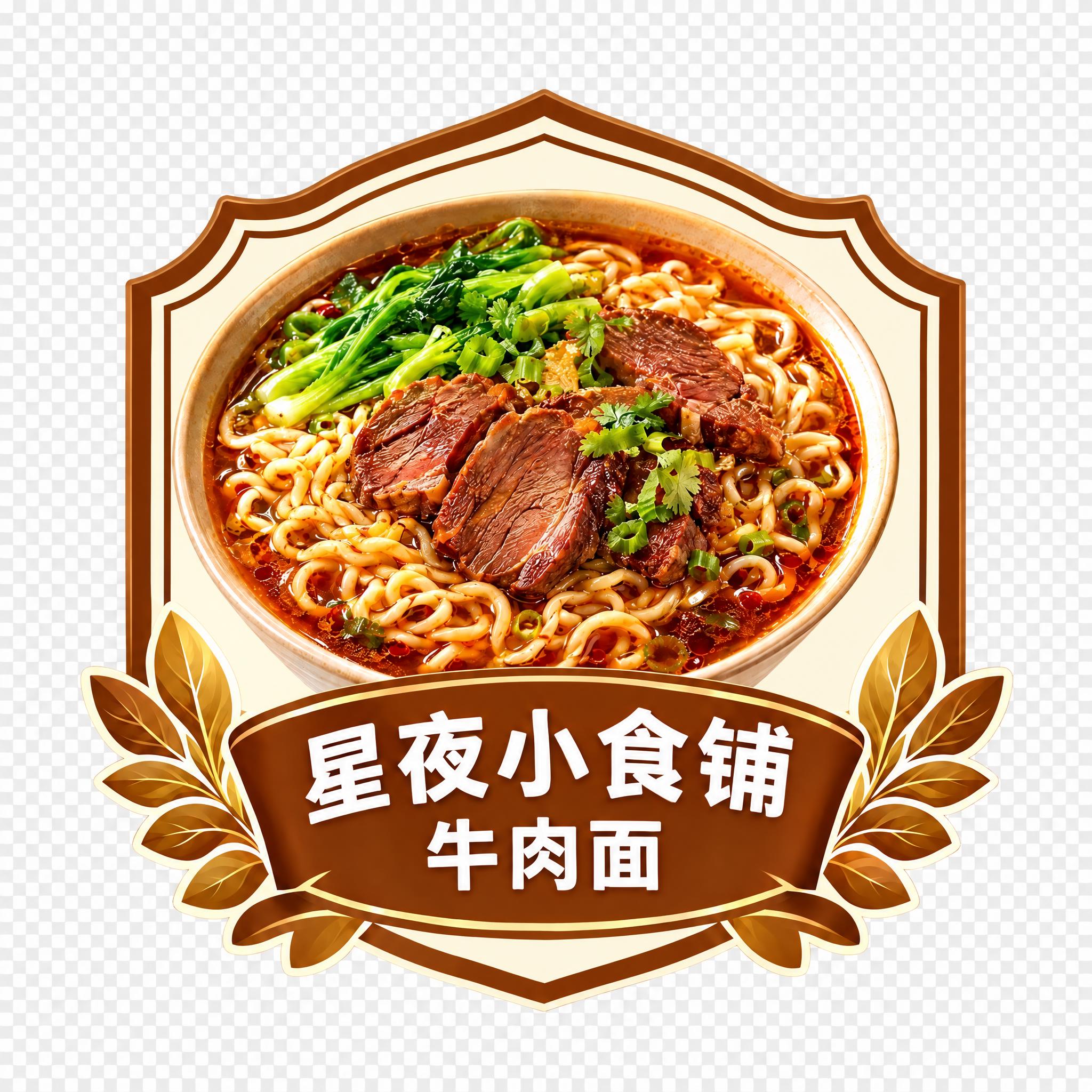 将这张牛肉面异形立牌的绿色边框和底部绿色飘带统一换成暖棕色（深… - 图片创意预览